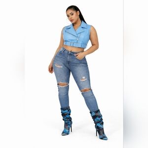 Sky Blue Cropped PU Leather Biker Vest | Moto Style | Size L